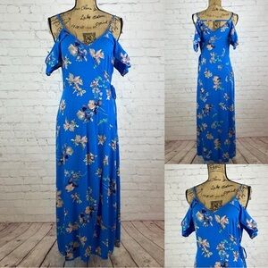 Xhilaration Blue Floral Print Cold Shoulder Front Wrap Maxi